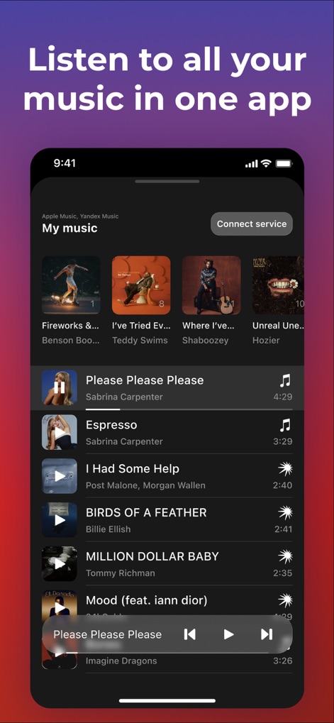 Transfer Music - Esta pantalla final demuestra la capacidad de la aplicación para consolidar la música, ofreciendo controles de reproducción integrados y la posibilidad de "Connect service" para ampliar aún más la biblioteca.