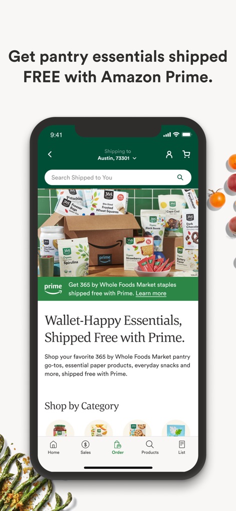 Whole Foods Market - The app demonstrates its convenient shipping feature, highlighting 365 by Whole Foods Market pantry go-tos and the ability to browse items by category.