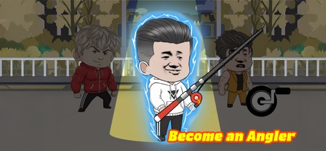 Fishing Mega Battle - Los usuarios pueden potenciar sus habilidades, como se aprecia en el personaje central con un aura brillante, lo que refuerza el mensaje de "Become an Angler" y el desarrollo continuo del jugador en el juego.