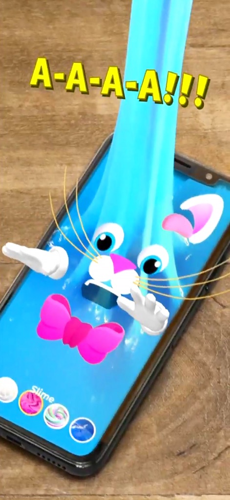 My Talking Slimy: Slime Cat 3D - Witness the dynamic interaction with the slimy character as it emerges from the screen, alongside various interactive customization options for its appearance.