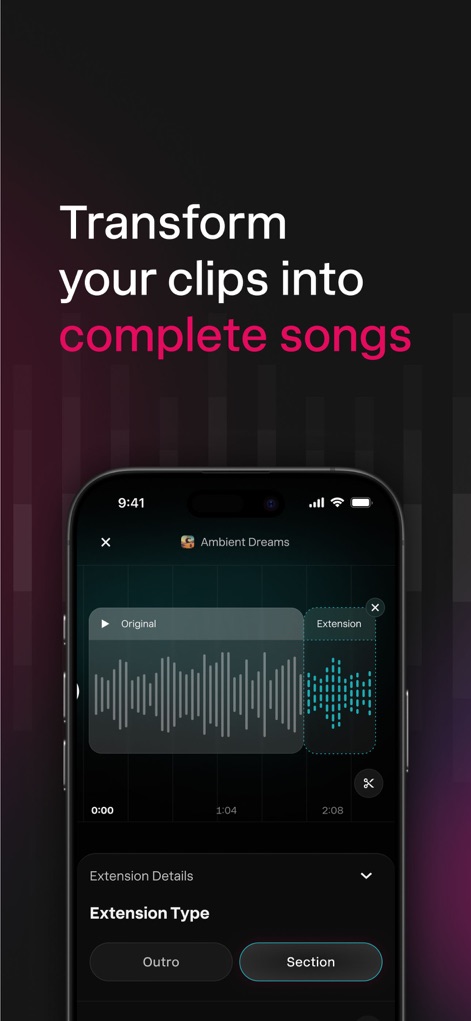 Udio: AI Music Maker & Studio - Witness how the app enables users to visually extend audio clips, offering options like 'Outro' and 'Section' to build out full-length tracks.
