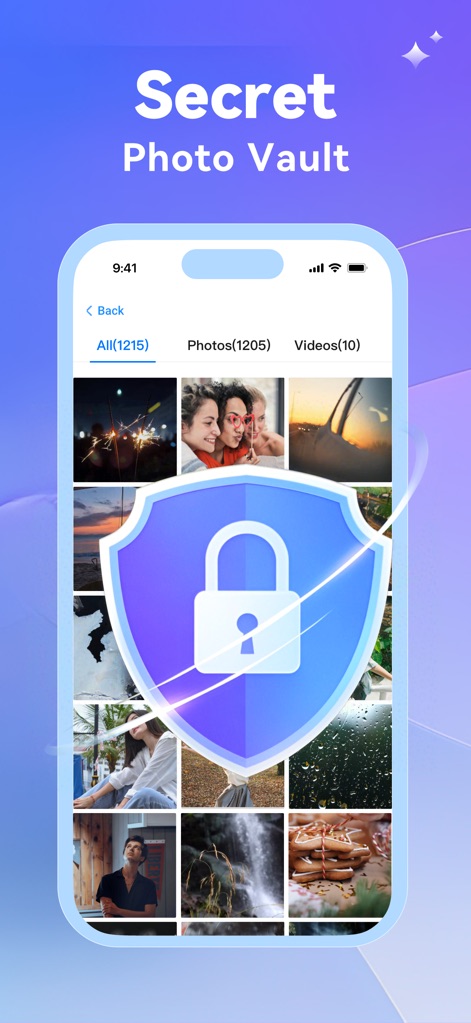 Photo Recovery: phone cleanup - This tool safeguards sensitive content within a secure private vault, visually represented by a prominent shield icon, and allows users to categorize protected media into 'Photos' and 'Videos' tabs.