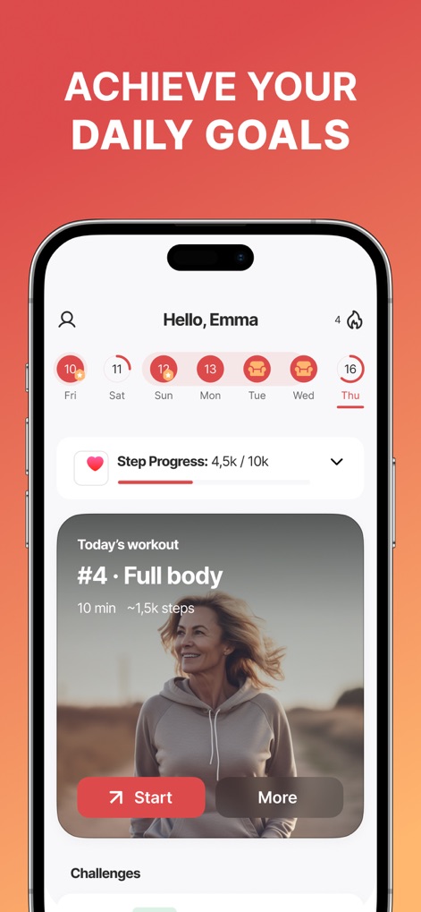 WalkFit: Walking & Weight Loss - The app offers a personalized daily dashboard displaying 'Step Progress' toward goals and a prominently featured 'Today's workout' for easy access.