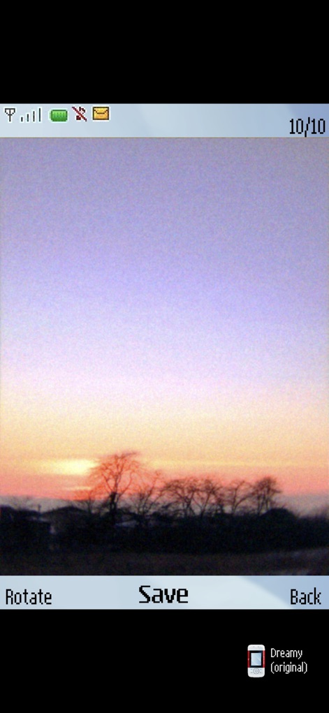 0.3MP Camera - Users can easily "Rotate" and "Save" their atmospheric captures, featuring the signature soft focus and color treatment of the "Dreamy (original)" effect.