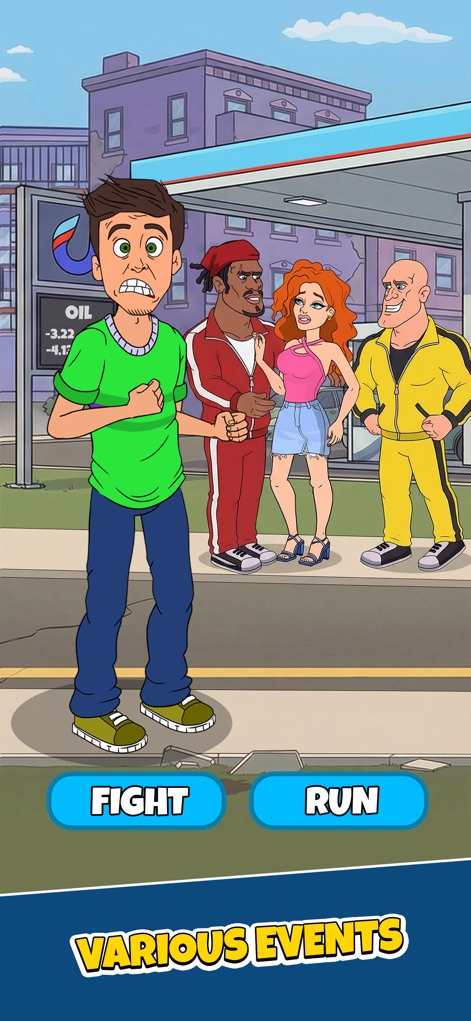 From Zero to Hero: Idle game! - The app immerses players in unpredictable situations with distinct character designs and vital choice buttons like "FIGHT" or "RUN", clearly labeled "VARIOUS EVENTS".