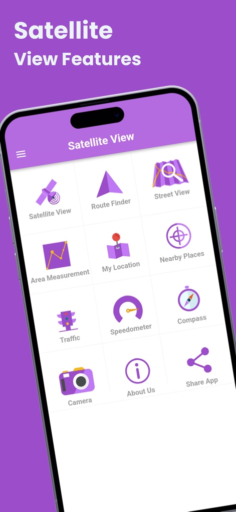 Live Satellite View & GPS Maps - This tool presents a comprehensive menu of options, including 'Satellite View' and 'Route Finder', making navigation intuitive for users.