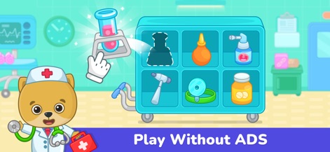 Kids Doctor Games: Hospital 3+ - Die App zeigt einen medizinischen Wagen, auf dem Nutzer verschiedene Werkzeuge wie ein Reagenzglas in die richtige Form ziehen können, was die Feinmotorik und das räumliche Denken schult.