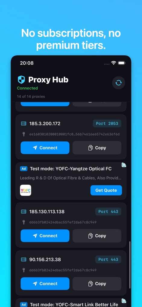 MTPROXY: MTPROTO Proxy تلگرام - Users can effortlessly browse the curated proxy list, identifying available connections by IP addresses and quickly initiating access with the 'Connect' button.