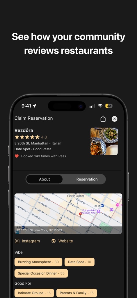 ResX - Gain deeper insights into restaurants with detailed ratings, a clear map view, and community-driven vibe tags for informed decisions.