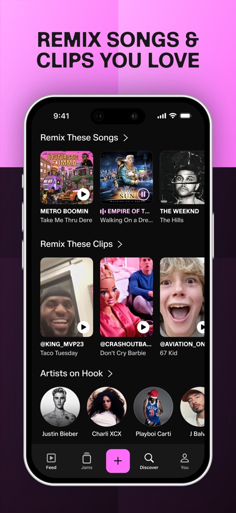 Hook - Remix & Mashup Maker - Navegue por uma vasta biblioteca de músicas e clipes para remixar, destacando seleções como 'Remix These Songs' e a seção de 'Artistas no Hook' para novas descobertas.