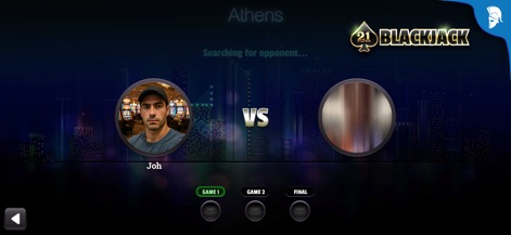 Blackjack 21: Live Casino game - L'application facilite la recherche d'adversaires pour des duels passionnants, affichant la progression des matchs et l'avatar du joueur en attente.