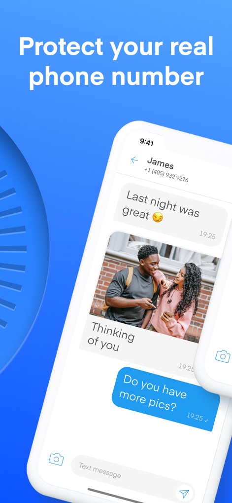 Text Vault - Texting App - ユーザーは、実際の電話番号を保護しながら、テキストや画像を交換するリアルなチャットインターフェースで安全にメッセージを送信できます。