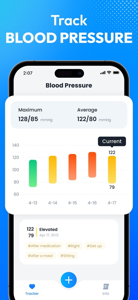 Blood Pressure App-BP Tracker - Die App visualisiert Blutdrucktrends in einem klaren Balkendiagramm und ermöglicht Nutzern, Messungen mit anpassbaren Tags zu versehen.