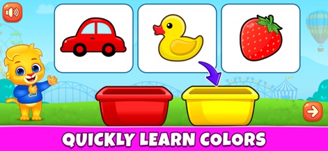 Kids Games: For Toddlers 3-5 - Users can practice color sorting with vibrant objects like the red car and yellow duck, fostering quick visual learning.