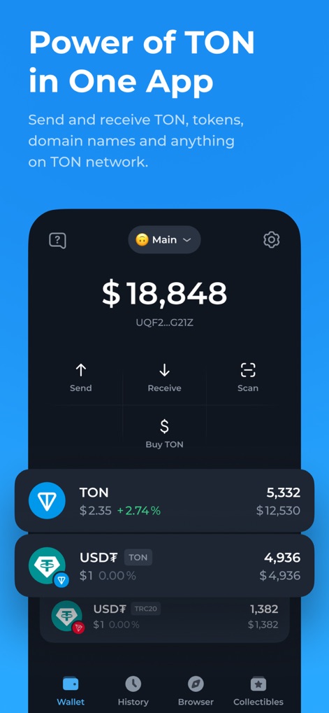 Tonkeeper — TON Wallet - The app's main dashboard provides a clear overview of the user's total balance and offers immediate access to actions such as 'Send' and 'Receive' Toncoin and other tokens.