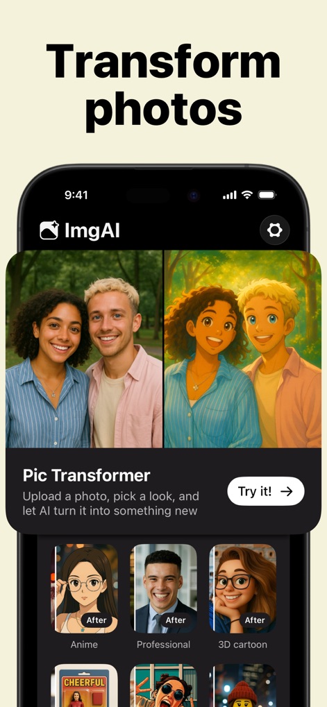 AI Photo Generator: ImgAI - Discover how the "Pic Transformer" feature allows users to remix existing photos into bold new styles, like turning real faces into vibrant cartoon characters.