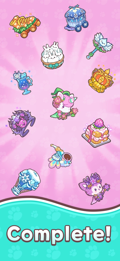 Alcatmist: Merge & Story - Explore a vibrant array of magical items and ingredients, from enchanted carriages to exquisite desserts, waiting to be completed and collected in the app.