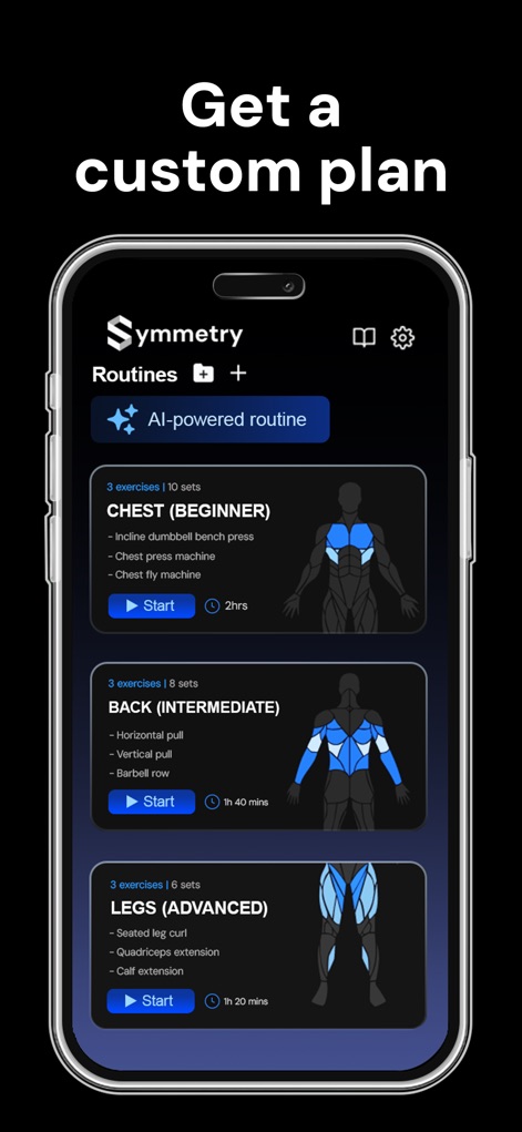 Symmetry: AI Gym Workout Log - Access tailored training programs generated by AI, featuring specific routines like 'Chest' and 'Back' with detailed exercise counts and estimated durations.