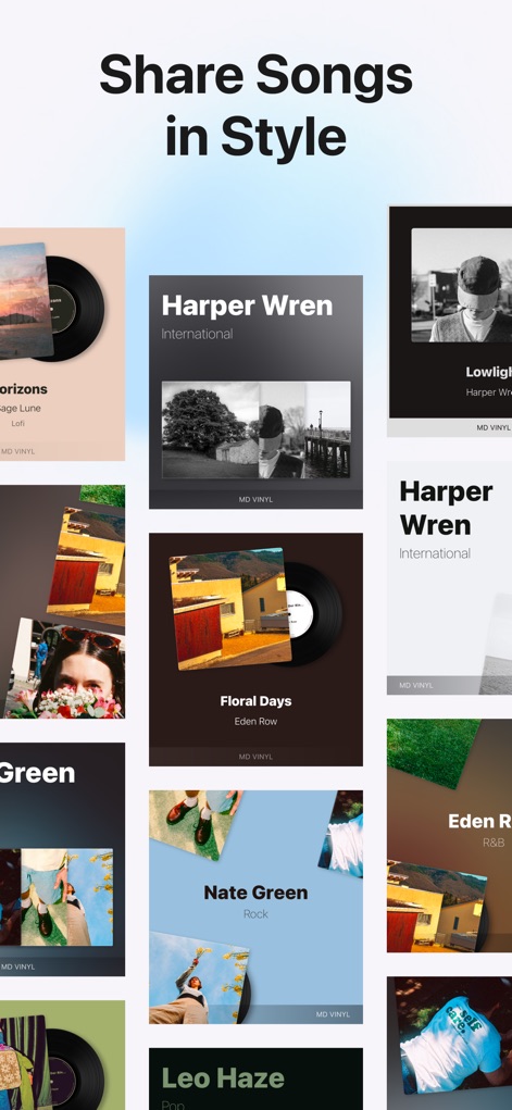 MD Vinyl for Music App - Los usuarios pueden compartir su música con estilo, eligiendo entre una amplia selección de portadas de álbumes y diseños de vinilos visualmente atractivos.