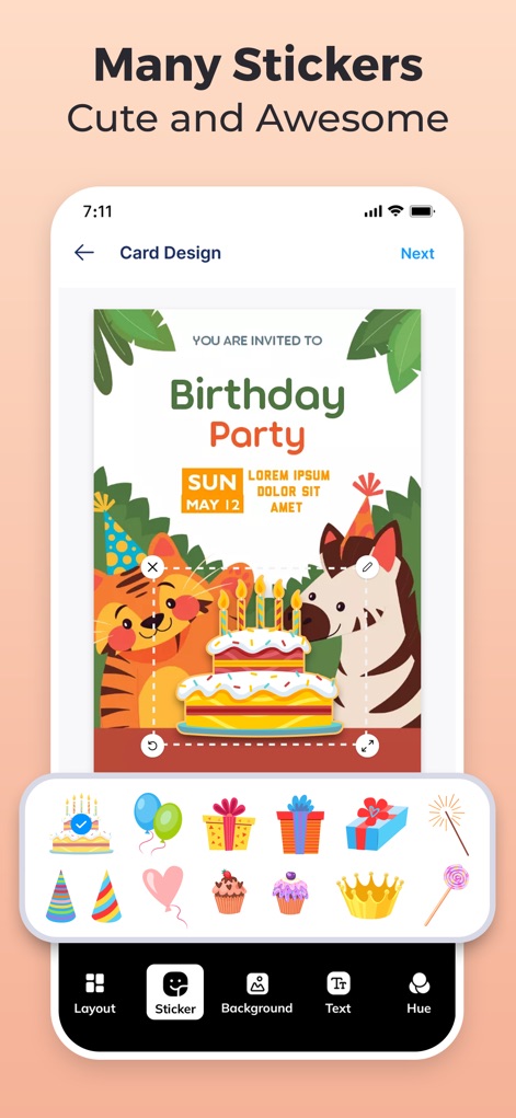 Invitation Maker - Invites4U - Los usuarios pueden enriquecer sus invitaciones con una amplia colección de stickers creativos y divertidos, observándose globos y gorros de fiesta que añaden un toque lúdico al diseño.