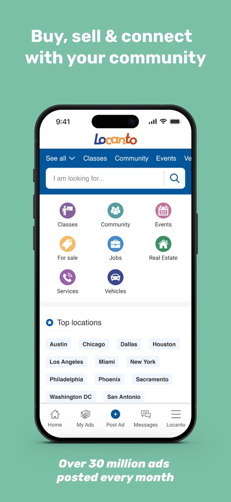 Locanto - Classifieds App - La aplicación presenta una interfaz de inicio intuitiva con acceso directo a diversas categorías como "Clases" y "Vehículos", y muestra ubicaciones destacadas para una búsqueda local eficiente.