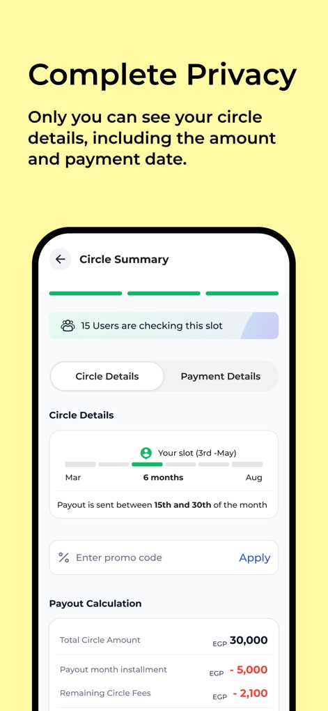 Money Fellows: Online Circles - The app ensures complete privacy for circle details and offers a comprehensive "Circle Summary," including a clear "Payout Calculation" for full financial transparency.