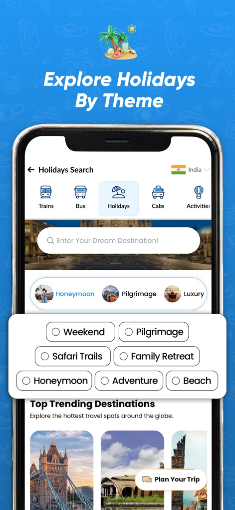 EaseMyTrip Flight, Hotel, Bus - The app simplifies holiday planning by allowing users to explore trips by specific themes such as "Honeymoon" or "Pilgrimage," complementing a list of "Top Trending Destinations."