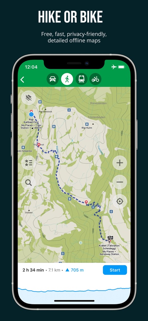 Organic Maps・Maps & Navigation - See how the app facilitates outdoor adventures by displaying detailed hiking and cycling paths and providing a comprehensive route summary including duration and elevation.