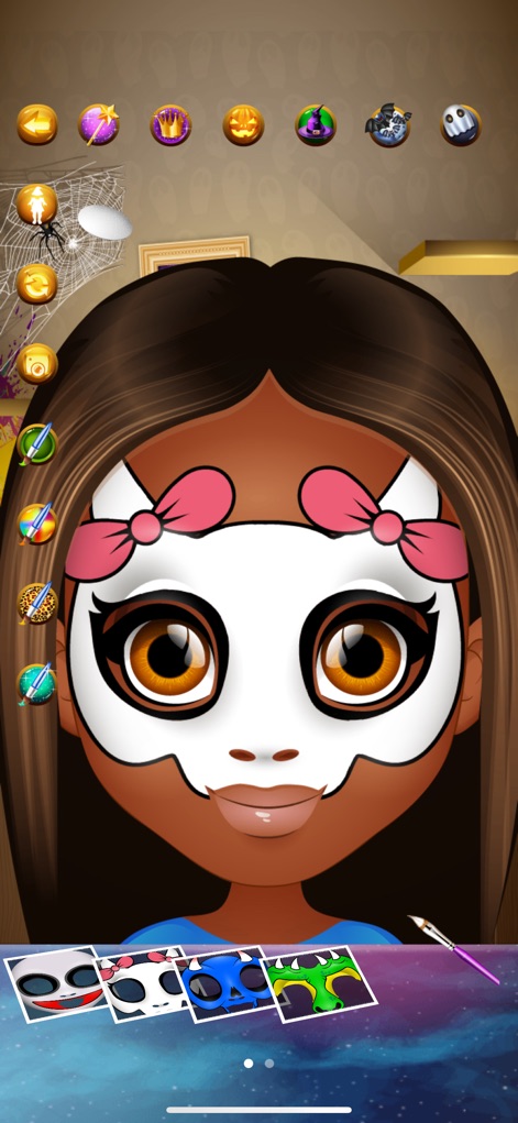 Halloween Face Paint Salon - Observe the potential for adorable mask-like face paint designs, complemented by charming accessories such as pink hair bows for a complete look.