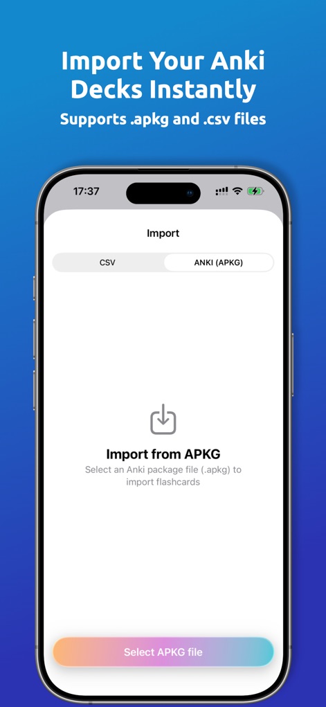 Azri - Flashcard App - This screen highlights the app's robust import functionality, allowing users to effortlessly bring in existing content via 'CSV' or 'ANKI (APKG)' files.
