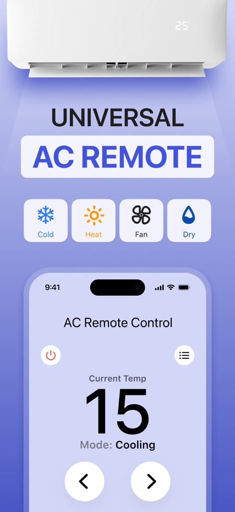 Universal AC Remote Control . - The app's main screen provides immediate control over the AC unit, featuring a large current temperature display and intuitive mode selection icons for cooling, heating, fan, and dry options.