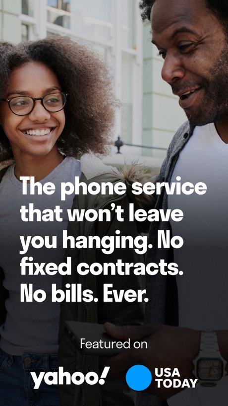 TextNow: Call + Text Unlimited App Store screenshot 1, headline “The phone service that won’t leave you hanging. No fixed contracts. No bills. Ever.”. Dark.