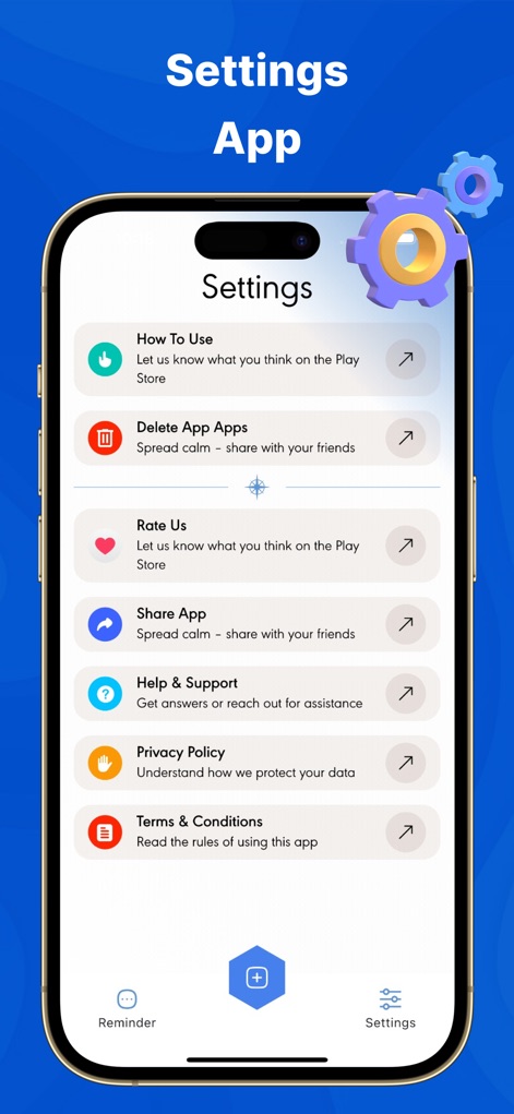 App Cloner: Dual Space - Das Einstellungsmenü bietet Nutzern umfassende Optionen zur App-Verwaltung, von „Help & Support“ bis zu „Privacy Policy“, übersichtlich dargestellt mit einem Zahnrad-Symbol.