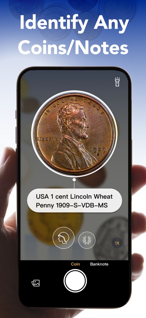 HeritCoin :AI Identify Coins - Nutzer können hier den präzisen Scan einer Münze sehen, der detaillierte Informationen wie den Namen 'Lincoln Wheat Penny' und das genaue Prägejahr '1909-S-VDB-MS' sofort liefert.