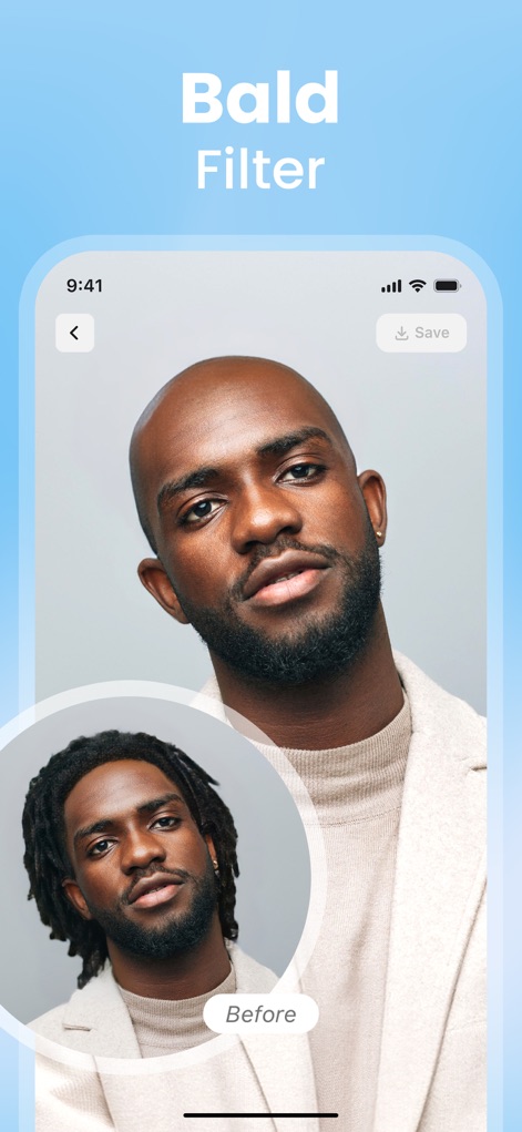 Hair AI: Hairstyle Filter, Cut - Los usuarios pueden explorar la transformación a calvicie mediante el filtro 'Bald Filter', visualizando una comparación directa 'Antes' para entender el impacto del cambio.