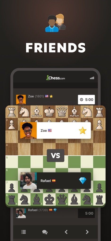 Chess - Play & Learn Online - Users can easily connect with "Friends" and challenge them to a game, as seen with "Zoe" playing "Rafael" on the intuitive interface.