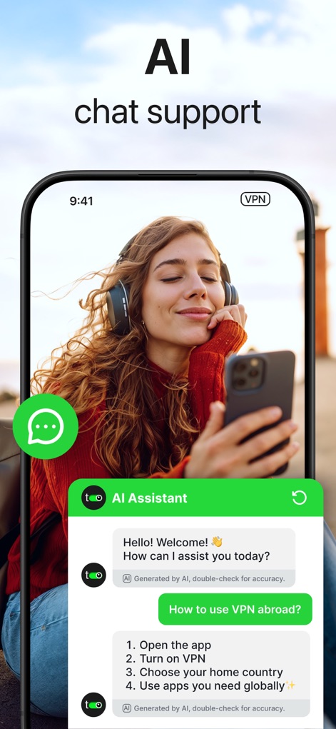 Toggle VPN for Secure Internet - Experience the convenience of 'AI chat support', providing immediate assistance through an interactive 'AI Assistant' to resolve user queries efficiently.