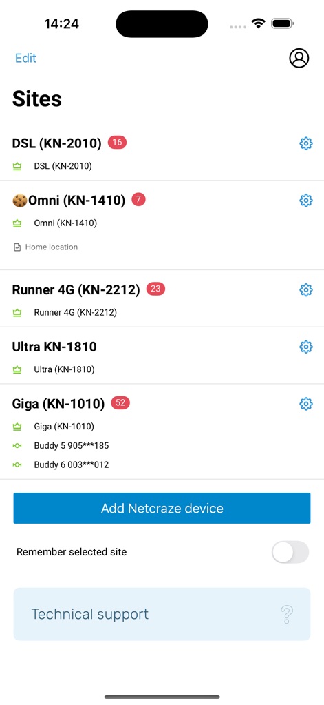 Netcraze - This screen illustrates how users can oversee multiple network sites like 'DSL' and 'Omni', alongside a clear 'Add Netcraze device' option for expansion.