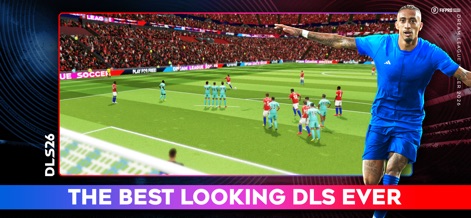 Dream League Soccer 2026 - La escena presenta a un jugador celebrando un gol con el público de fondo, destacando los gráficos mejorados y el ambiente inmersivo de un estadio lleno.
