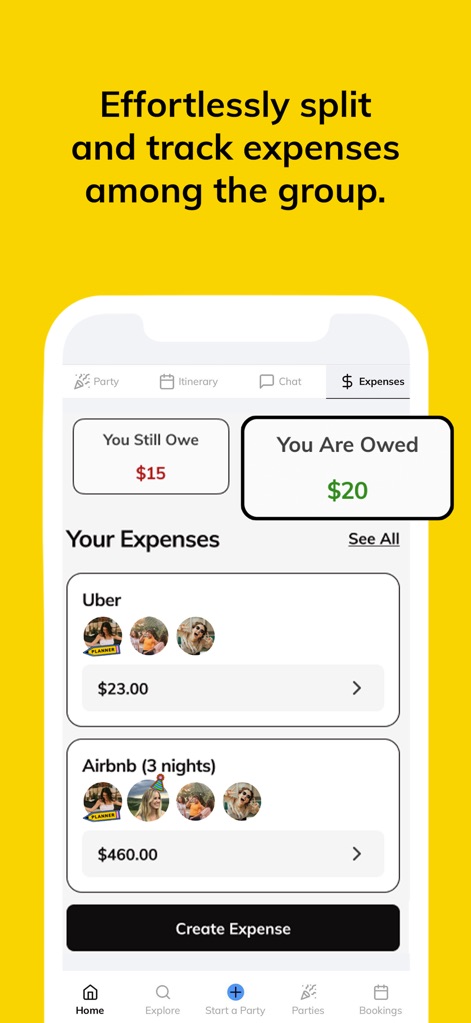 Batch: Let’s Party - The app provides a clear overview of financial obligations with 'You Still Owe' and 'You Are Owed' summaries, simplifying expense tracking for items like Uber and Airbnb costs.