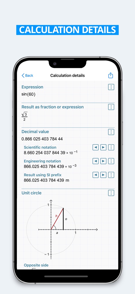 HiPER Scientific Calculator - A tela de detalhes do cálculo oferece uma visão aprofundada, apresentando a expressão (sin(60)) em formato de fração (raiz de 3 sobre 2) e sua visualização no círculo unitário.
