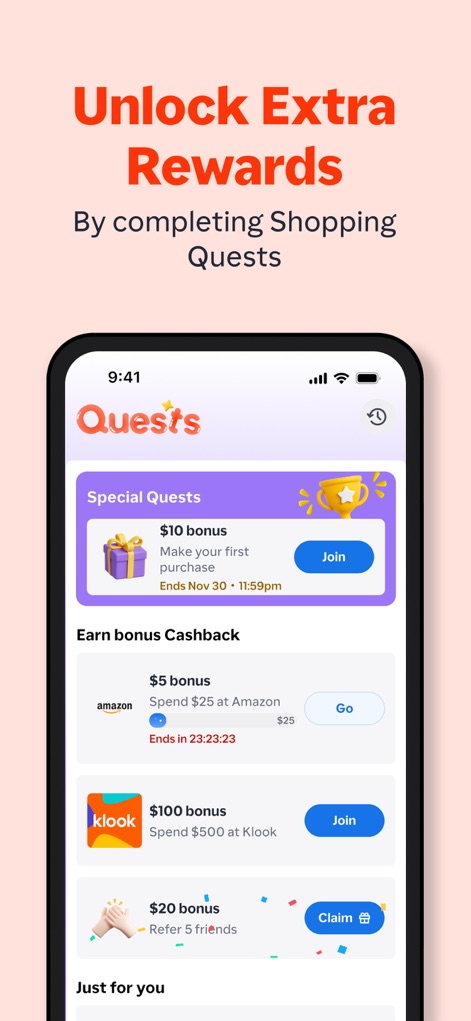 ShopBack: Cashback & Rewards - The app encourages continued engagement through Special Quests for bonus cashback and tailored 'Earn bonus Cashback' challenges from specific retailers.