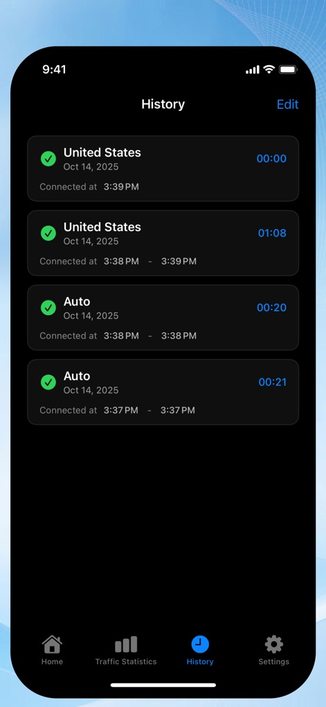 VPN Fly 2026 - The app maintains a transparent 'History' log, allowing users to review past VPN connections, including specific server locations and their corresponding connection 'times'.