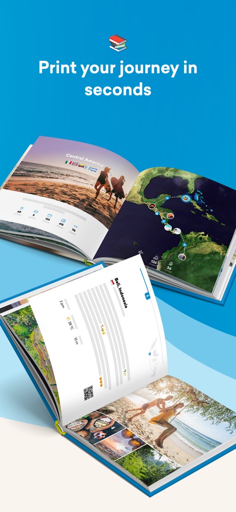 FindPenguins: Travel Tracker - This visual highlights the app's unique ability to transform digital memories into a tangible hardcover travel book, showcasing detailed map views and integrated travel photos.