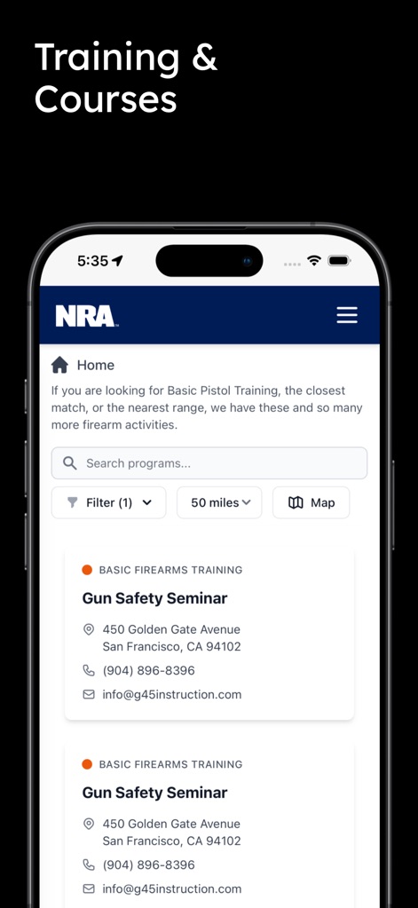 NRA - The app facilitates finding training opportunities, displaying detailed listings for courses like "Gun Safety Seminar" and essential contact information for providers.