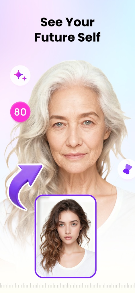 Ageroom - AI Photo Generator - See how the app transforms a current photo into an aged version, displaying the predicted age and the stunning visual changes.