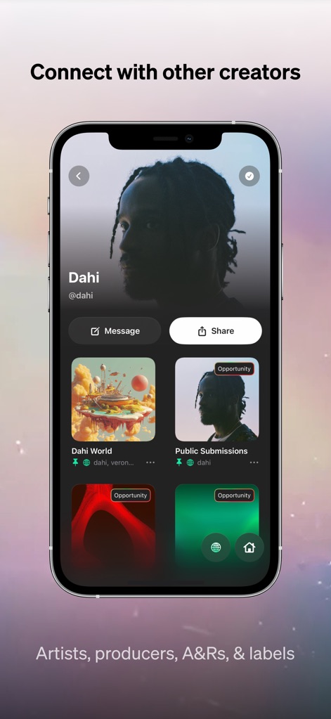 Baton - Unreleased Music - Los perfiles de usuario como 'Dahi' incluyen opciones claras de 'Message' y 'Share', además de etiquetas de 'Opportunity' en sus trabajos.
