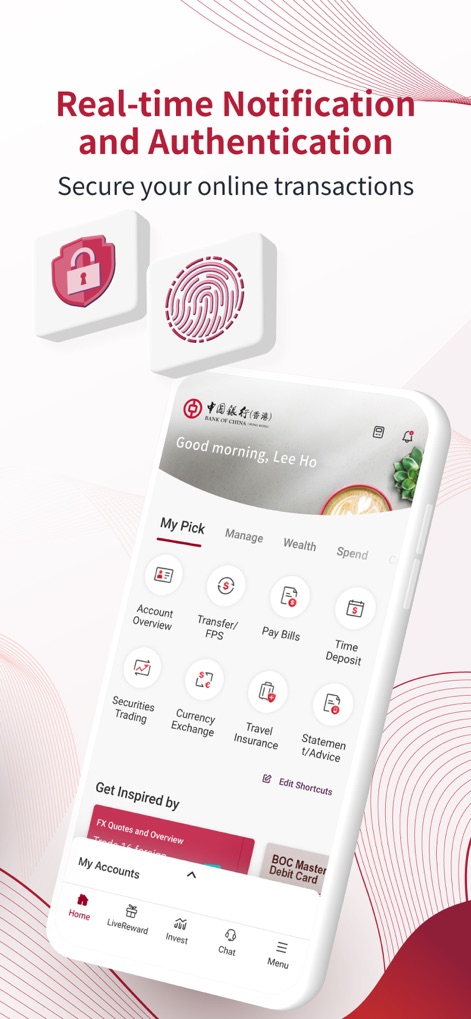 BOCHK 中銀香港 - The app integrates robust real-time authentication, including biometric options, alongside a personalized 'My Pick' menu for efficient transaction management.