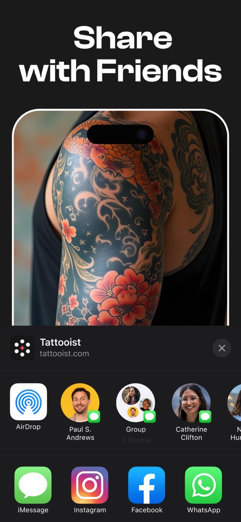 Tattooist: AI Tattoo Generator - Hier sehen Nutzer ein farbenfrohes japanisches Ärmel-Tattoo, das über verschiedene soziale Medien und Messaging-Dienste direkt mit Freunden geteilt werden kann.