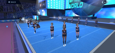 Boss of the World - Observe the intricate choreography from an elevated perspective, showcasing individual stunts and the collective team formation on the spacious blue mat.